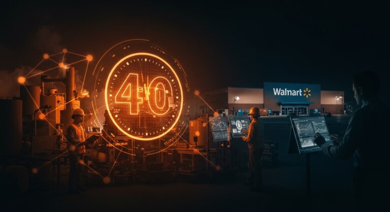 Ilustración de jornada laboral reducida en fábrica y retail con elementos digitales representando productividad y reforma laboral para startups.