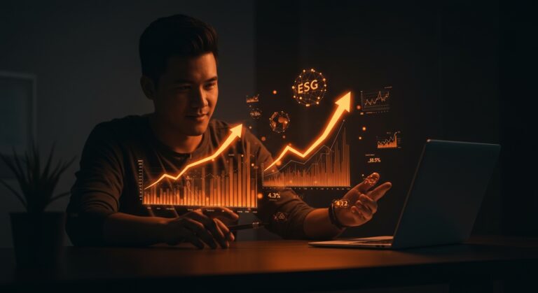Herramienta gratuita de ESG stock screener mostrando análisis cuantitativo y crecimiento de inversiones sostenibles en pantalla digital.