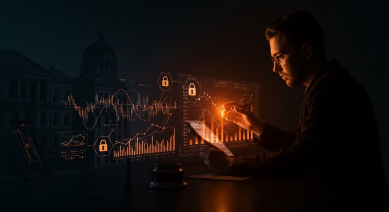 Imagen conceptual de insider trading en mercados predictivos fintech con Kalshi y DOJ, destacando regulación financiera para startups tecnológicas.