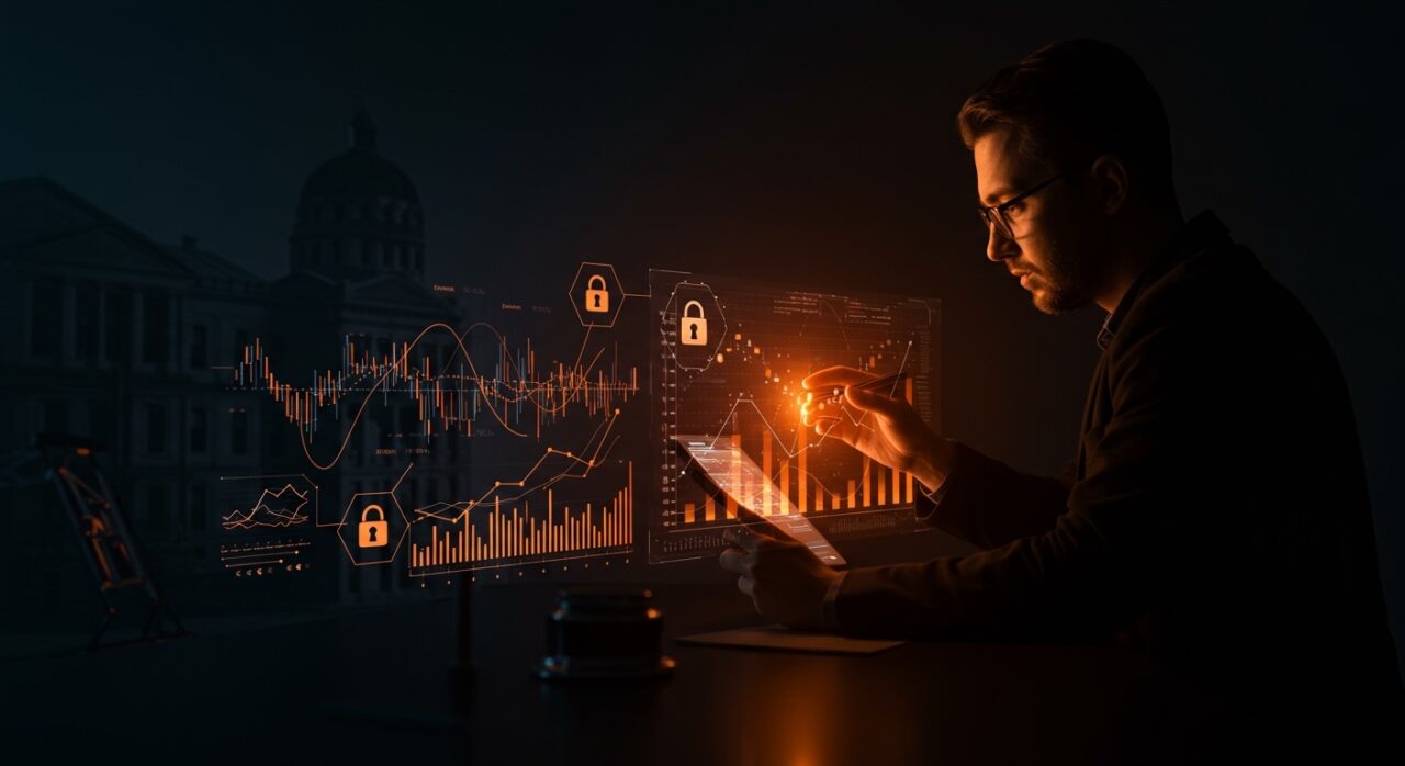 Imagen conceptual de insider trading en mercados predictivos fintech con Kalshi y DOJ, destacando regulación financiera para startups tecnológicas.