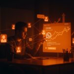 Fundador de startup tecnológica interactuando con interfaz digital de WhatsApp resaltando el crecimiento y la integración en startups Latam.
