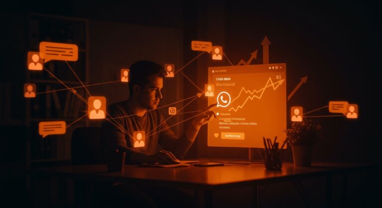 Fundador de startup tecnológica interactuando con interfaz digital de WhatsApp resaltando el crecimiento y la integración en startups Latam.