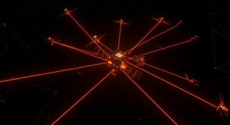 Clúster orbital de 10 satélites con IA de Kepler Communications, mostrando computación edge en el espacio y enlaces láser en infraestructura espacial para startups.