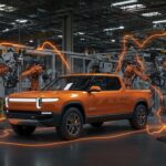 Pickup eléctrico Kia 2026 con robots humanoides Atlas en fábrica, mostrando estrategia de movilidad eléctrica y automatización industrial.