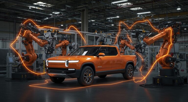 Pickup eléctrico Kia 2026 con robots humanoides Atlas en fábrica, mostrando estrategia de movilidad eléctrica y automatización industrial.