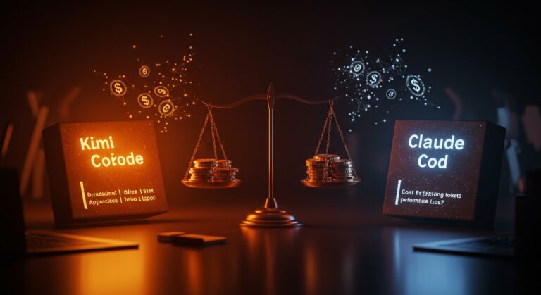 Comparativa visual entre Kimi Code y Claude Code mostrando eficiencia de costos y rendimiento en modelos de IA para desarrollo de código.