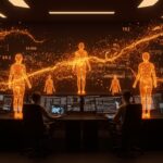 Equipo de emprendedores orquestando agentes autónomos de IA de larga duración en un entorno futurista con visualizaciones de datos y redes neuronales abstractas.