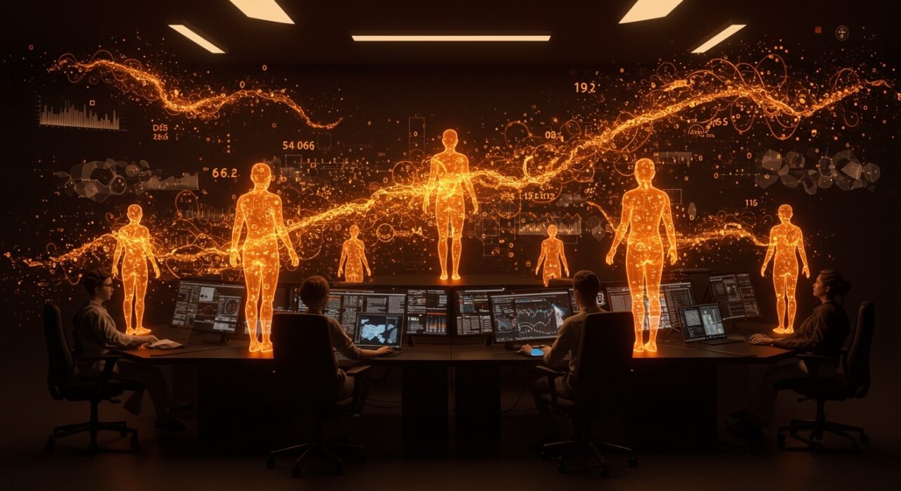 Equipo de emprendedores orquestando agentes autónomos de IA de larga duración en un entorno futurista con visualizaciones de datos y redes neuronales abstractas.