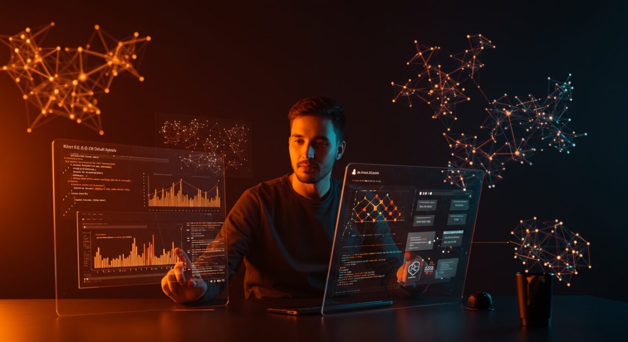 Desarrollador utilizando inteligencia artificial open source Kimi K2.6 que supera a Copilot en benchmarks de codificación y automatización en startups.