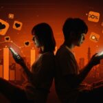 Pareja japonesa usando apps de citas frente a gráficos de natalidad en Japón, ilustrando la crisis demográfica y subsidios tecnológicos.