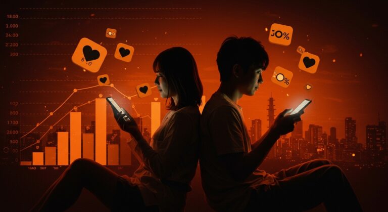 Pareja japonesa usando apps de citas frente a gráficos de natalidad en Japón, ilustrando la crisis demográfica y subsidios tecnológicos.