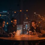 Fundadores de startups mexicanas colaborando con tecnologías de inteligencia artificial en un laboratorio moderno en Bengaluru para escalar empresas en 2026.