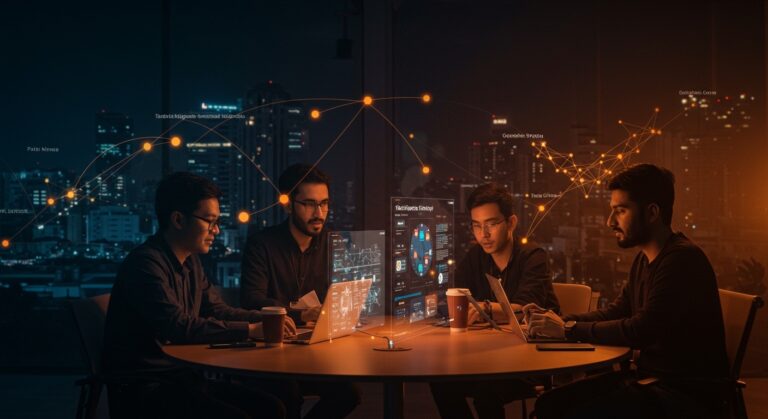 Fundadores de startups mexicanas colaborando con tecnologías de inteligencia artificial en un laboratorio moderno en Bengaluru para escalar empresas en 2026.