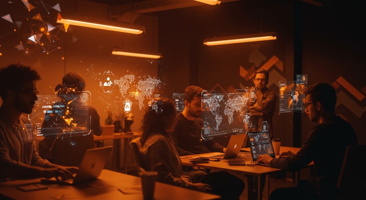 Fundadores de startups colaborando en innovación de inteligencia artificial con talento global y certificaciones en un laboratorio moderno de Bengaluru.