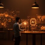 Emprendedor mexicano interactuando con hologramas de inteligencia artificial en laboratorio moderno de IA para startups.