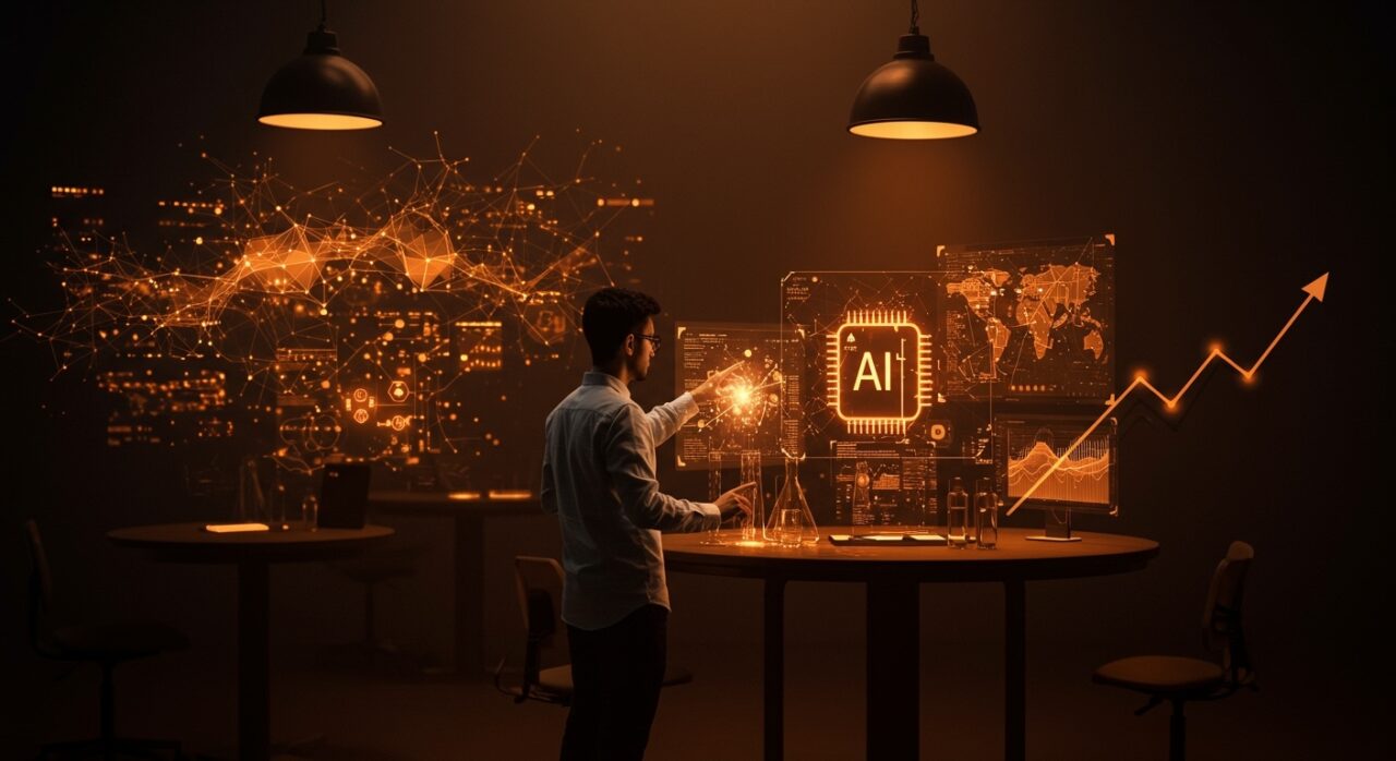 Emprendedor mexicano interactuando con hologramas de inteligencia artificial en laboratorio moderno de IA para startups.