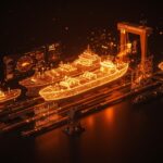 Visualización de inteligencia artificial aplicada y gemelos digitales en la industria naval mostrando optimización matemática y machine learning en un astillero moderno.