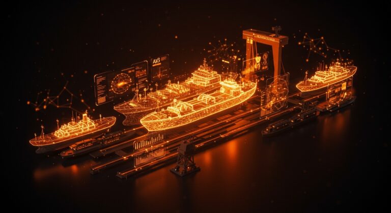 Visualización de inteligencia artificial aplicada y gemelos digitales en la industria naval mostrando optimización matemática y machine learning en un astillero moderno.