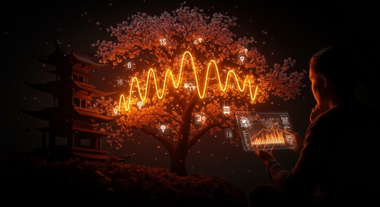 Árbol de cerezos en Kyoto con flujos de datos históricos y tecnología climática, simbolizando tendencias para founders en climate tech.