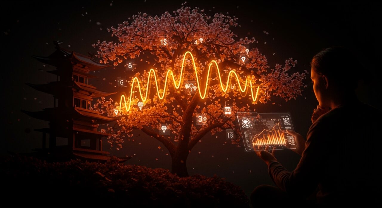 Árbol de cerezos en Kyoto con flujos de datos históricos y tecnología climática, simbolizando tendencias para founders en climate tech.