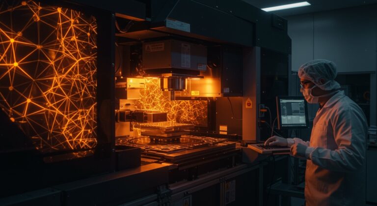 Innovadora fabricación de chips en Barcelona con tecnología avanzada de fotolitografía impulsando la innovación europea en semiconductores.