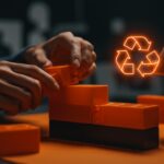 Ladrillos de plástico reciclado formando una estructura sostenible, simbolizando innovación sostenible y economía circular en startups sociales en Kenya.