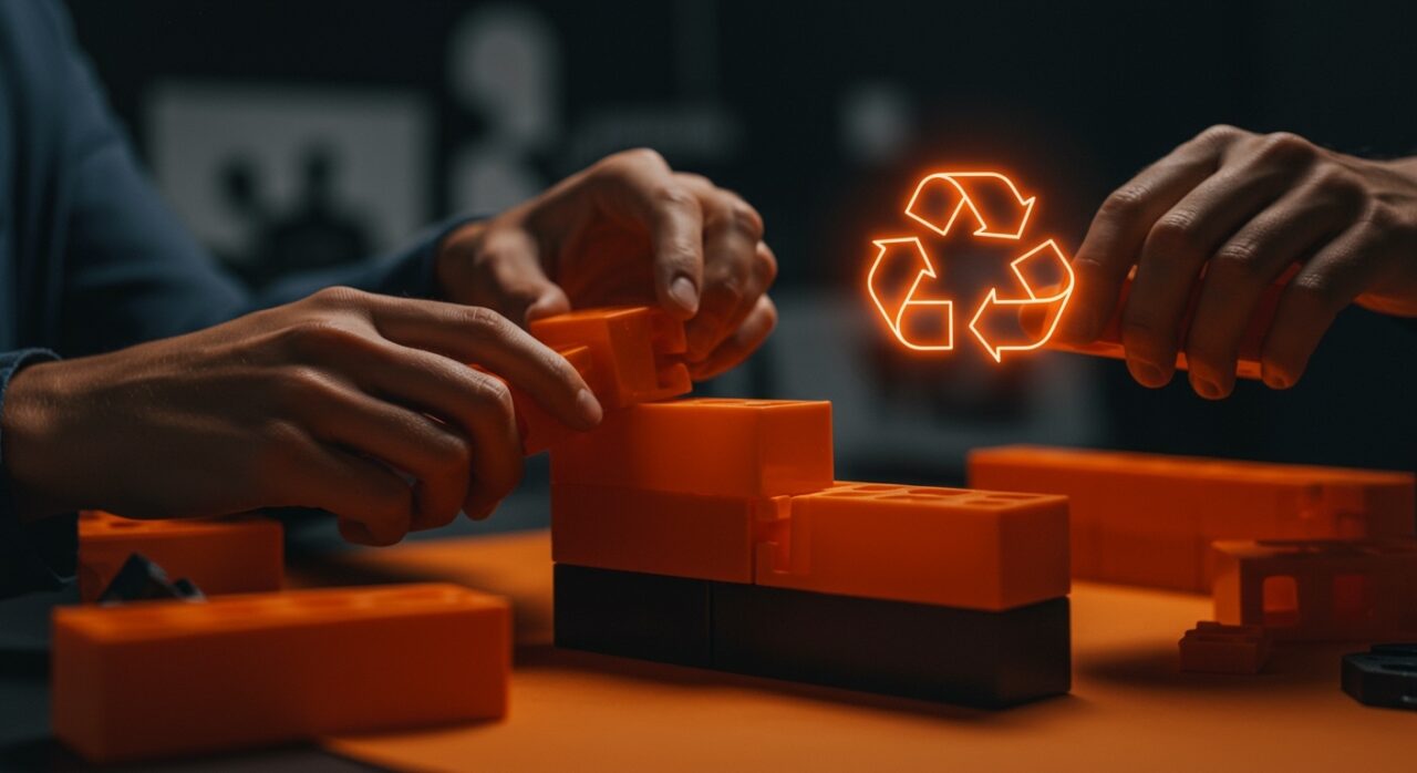 Ladrillos de plástico reciclado formando una estructura sostenible, simbolizando innovación sostenible y economía circular en startups sociales en Kenya.