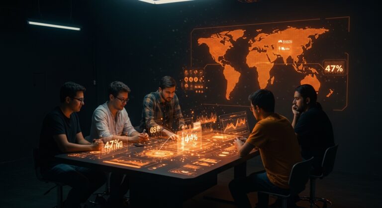 Fundadores de startups en América Latina colaborando con inteligencia artificial y automatización aplicada, destacando la adopción de IA en la región.