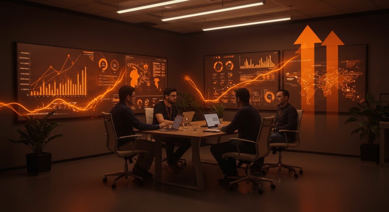 Fundadores de startups discutiendo oportunidades de inversión en Latinoamérica con gráficos de venture capital y ecosistema startup resaltados.