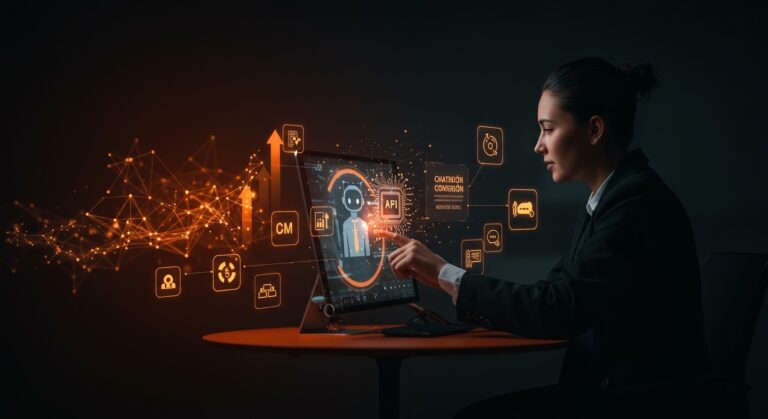 Automatización comercial y CRM para MYPES peruanas con chatbots de IA y marketing digital, visualizado en una escena tecnológica y moderna en colores naranja y negro.