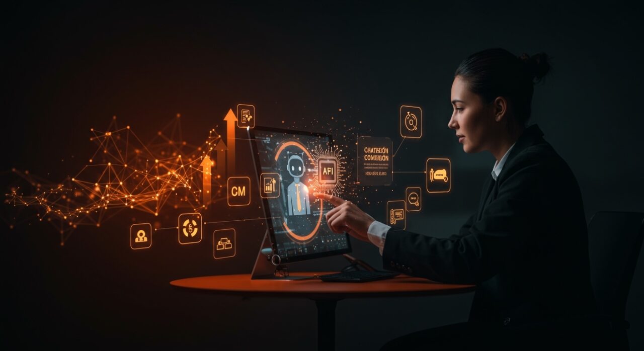 Automatización comercial y CRM para MYPES peruanas con chatbots de IA y marketing digital, visualizado en una escena tecnológica y moderna en colores naranja y negro.