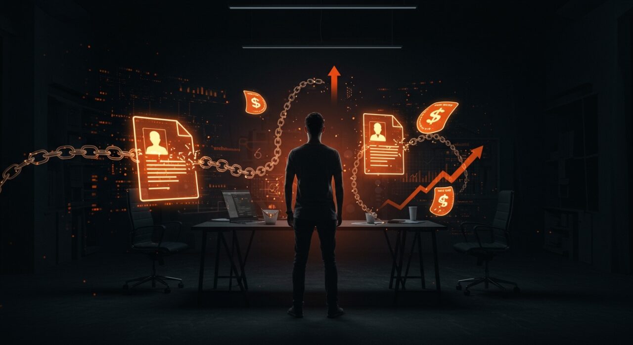 Fundador de startup enfrentando una estafa en proyecto tecnológico con contratos digitales y gestión de riesgo, experiencia real para startups.