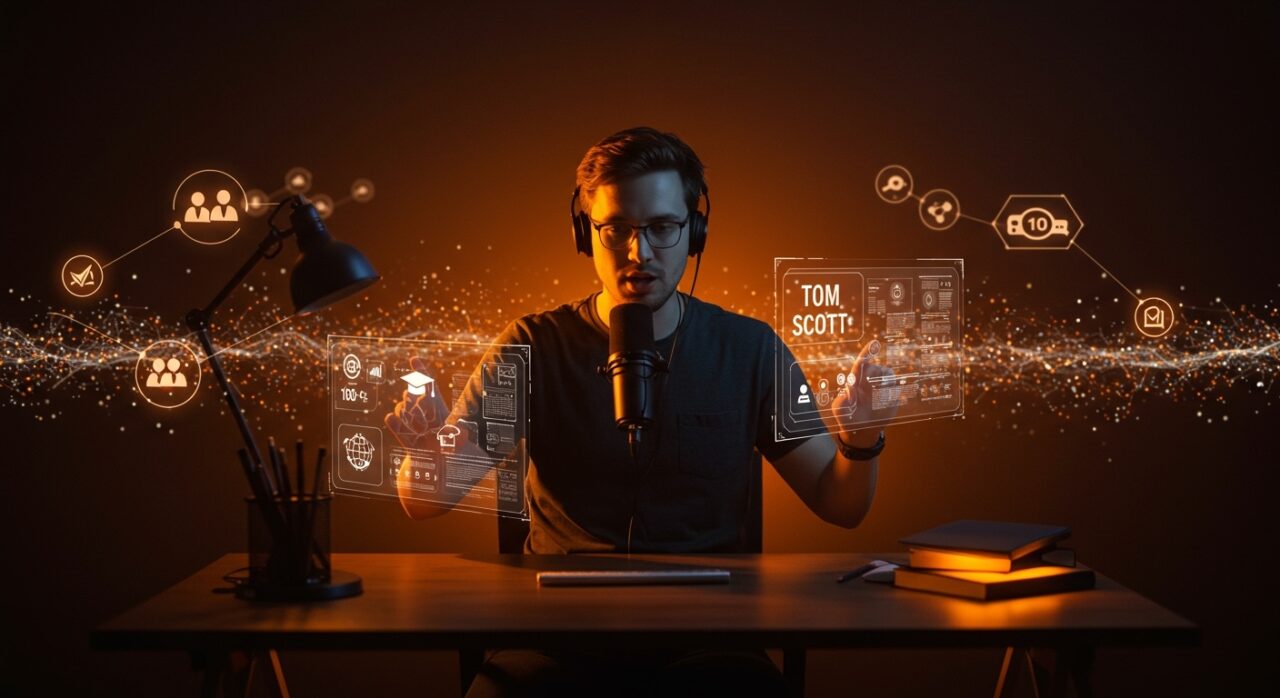 Retrato dinámico de creador de contenido digital representando lecciones sobre educación, tecnología y comunidad en YouTube.