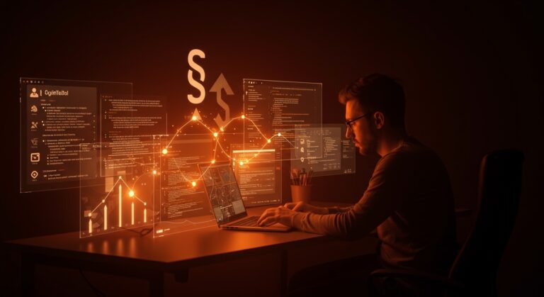 Automatización de leyes españolas en código abierto mediante legaltech y GitHub representado con un desarrollador y hologramas digitales.