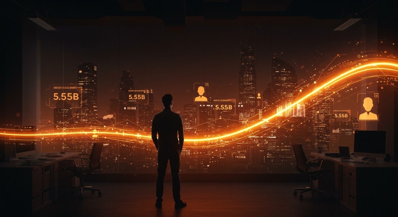 Fundador de startup observando un paisaje digital legal con flujos de IA y simbolismo de funding, reflejando la expansión y competencia de Legora en legal tech.