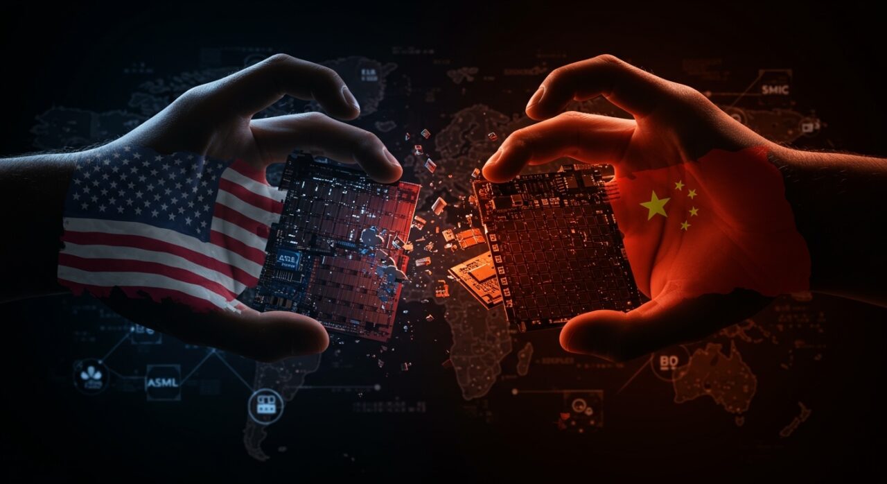 Guerra de semiconductores entre EEUU y China con bloqueo tecnológico y maquinaria avanzada, impacto en exportaciones y competencia global.