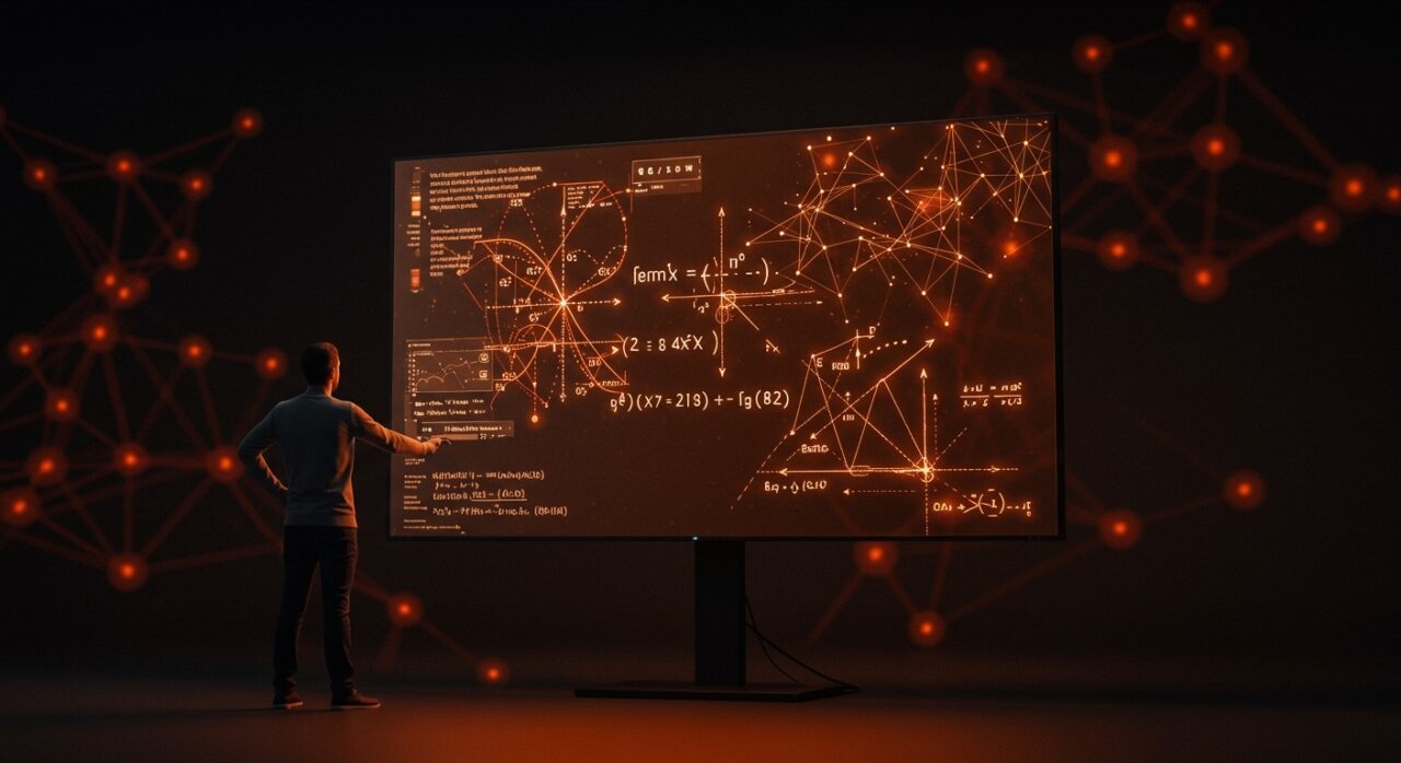 Founder resolviendo una conjetura matemática con inteligencia artificial en un entorno tecnológico de startup.