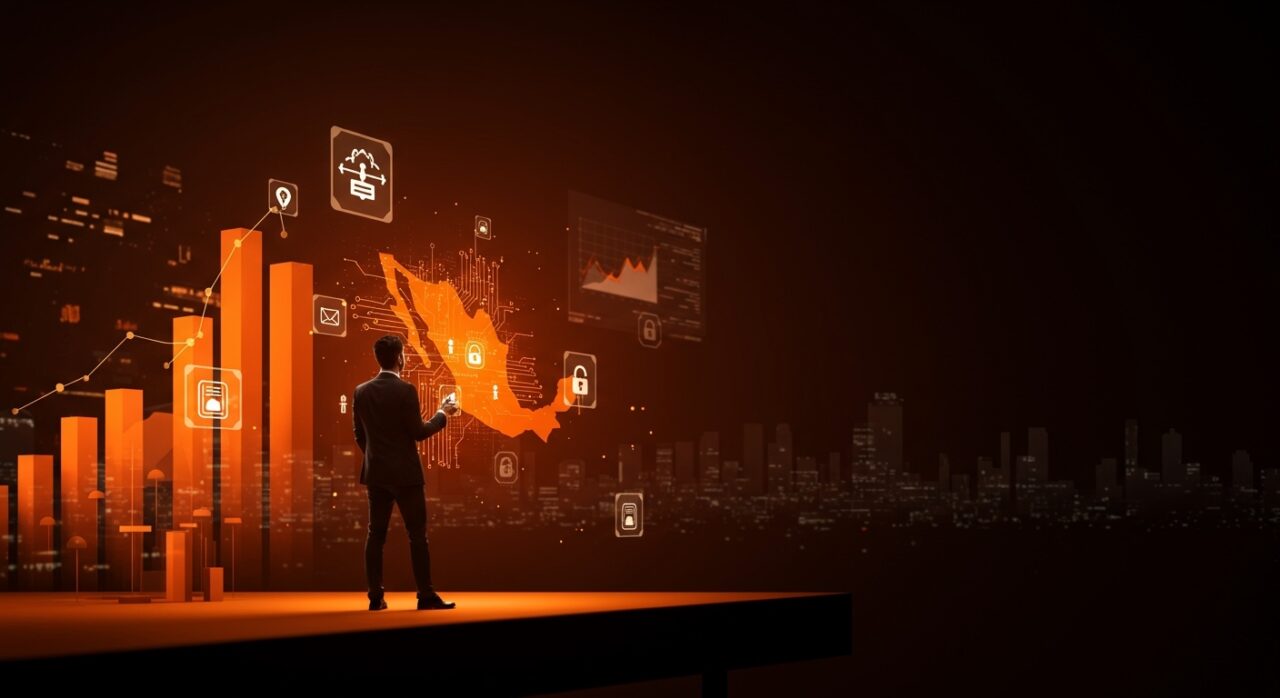 Licencias bancarias en México para fintechs 2025 representadas con líder fintech frente a ciudad digital y símbolos financieros en paleta Ecosistema Startup.