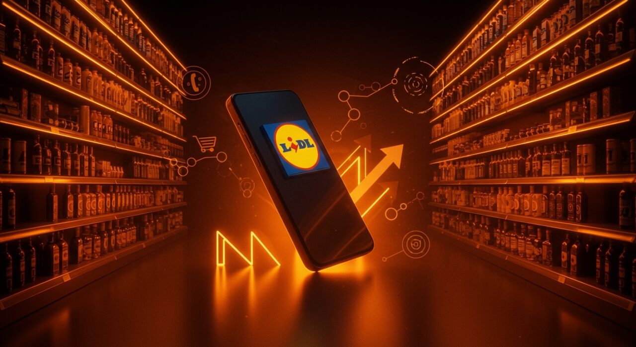 Modelo de negocio OMV de Lidl representado con smartphone y elementos digitales en paleta naranja y negro, ilustrando la expansión internacional en telefonía móvil low cost.