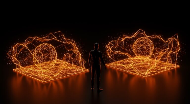 Reconstrucción 3D en streaming con IA usando Geometric Context Attention en un entorno digital futurista.