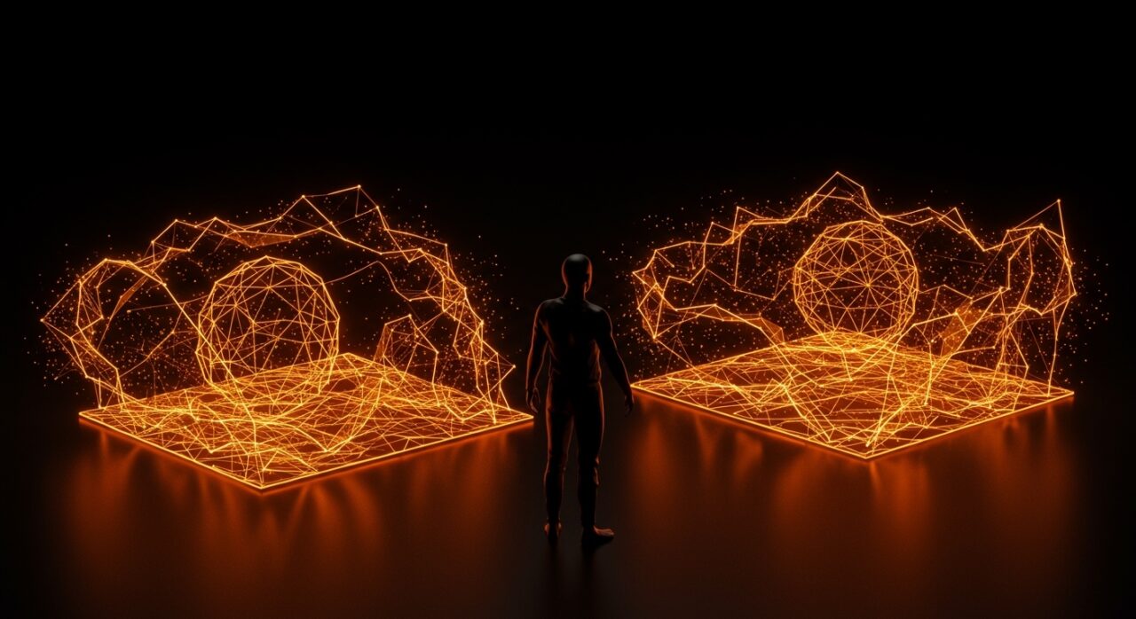 Reconstrucción 3D en streaming con IA usando Geometric Context Attention en un entorno digital futurista.