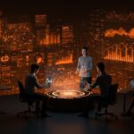 Fundadores tecnológicos analizando datos holográficos sobre creación de empleos en IA y tendencias de contratación en el ecosistema startup.