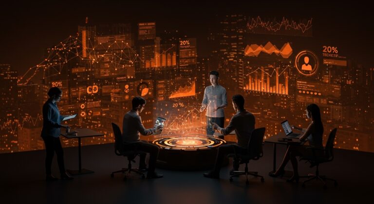 Fundadores tecnológicos analizando datos holográficos sobre creación de empleos en IA y tendencias de contratación en el ecosistema startup.