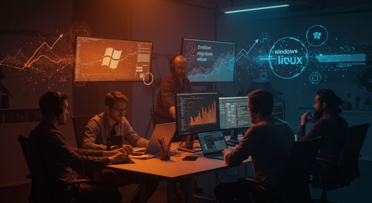 Equipo startup colaborando en migración tecnológica a Linux en 2026 con representaciones visuales de crecimiento y ahorro en software open source.