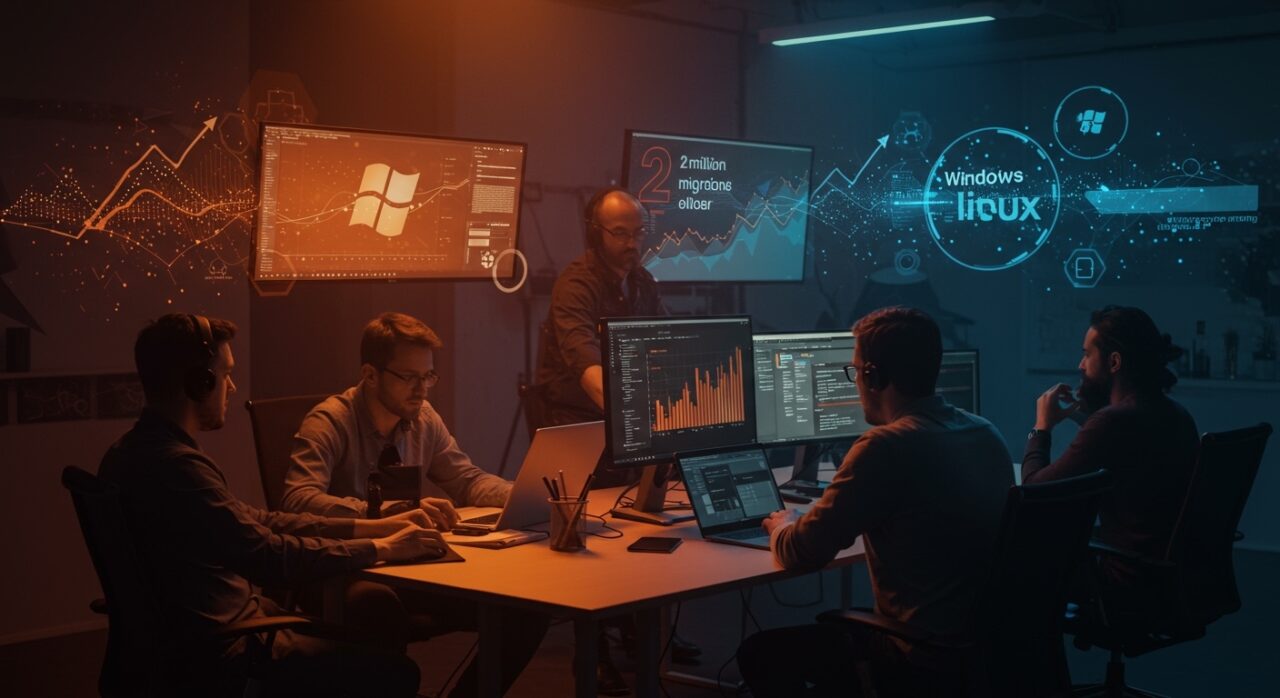 Equipo startup colaborando en migración tecnológica a Linux en 2026 con representaciones visuales de crecimiento y ahorro en software open source.