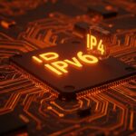 Visualización futurista del kernel de Linux compilado solo con IPv6, destacando la modernización de redes e infraestructura tecnológica.