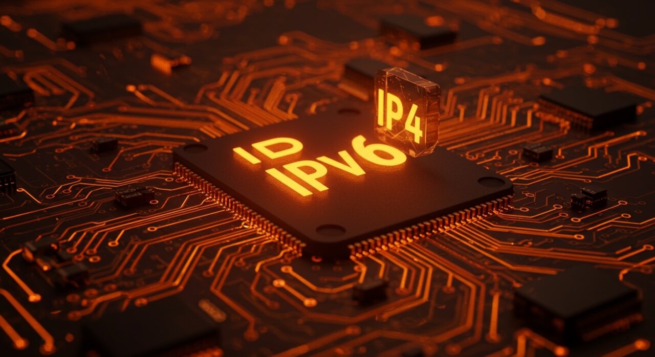 Visualización futurista del kernel de Linux compilado solo con IPv6, destacando la modernización de redes e infraestructura tecnológica.