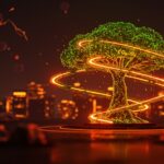Árbol líquido con microalgas purificando el aire urbano, capturando CO2 50 veces más que un árbol tradicional en ciudad sostenible.