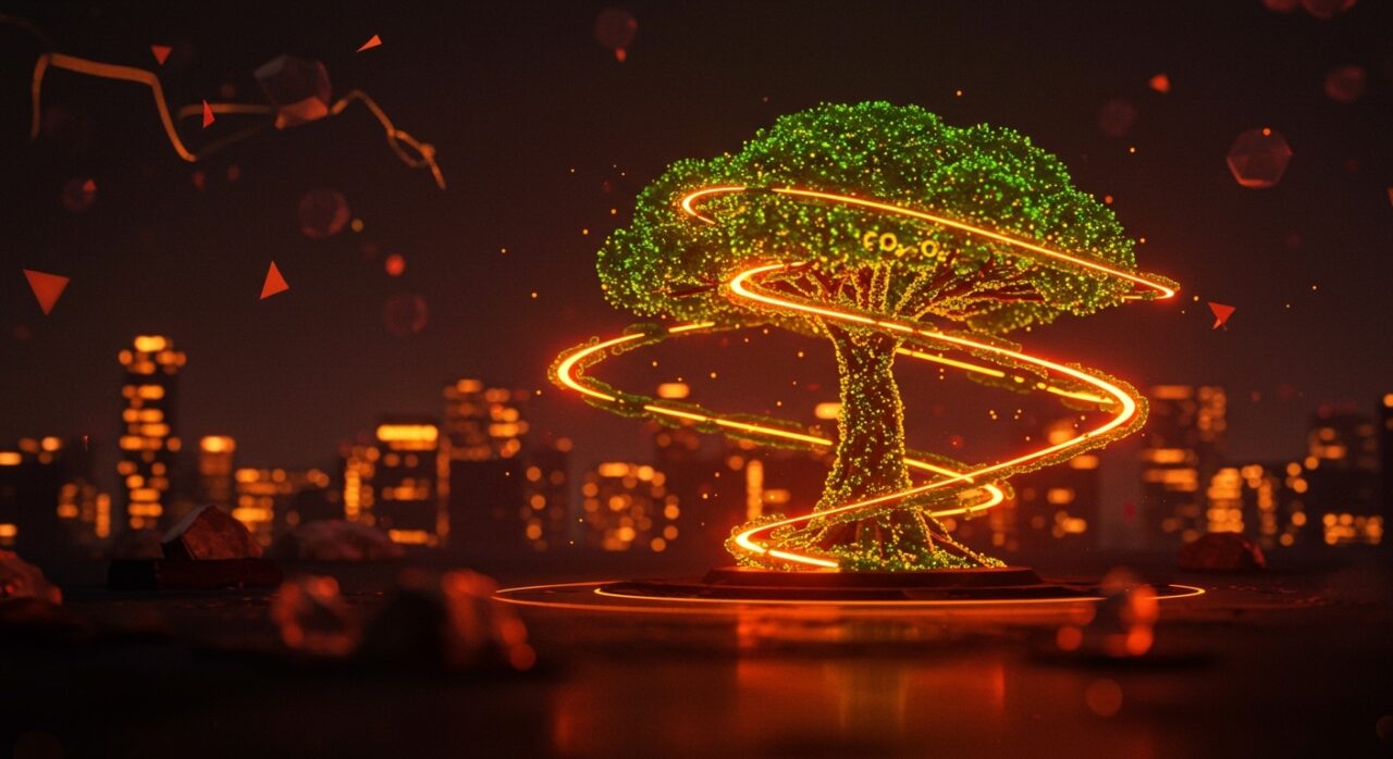 Árbol líquido con microalgas purificando el aire urbano, capturando CO2 50 veces más que un árbol tradicional en ciudad sostenible.