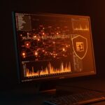 Monitoreo de red por proceso con eBPF en Linux representado en visualización digital avanzada con control de firewall y privacidad.